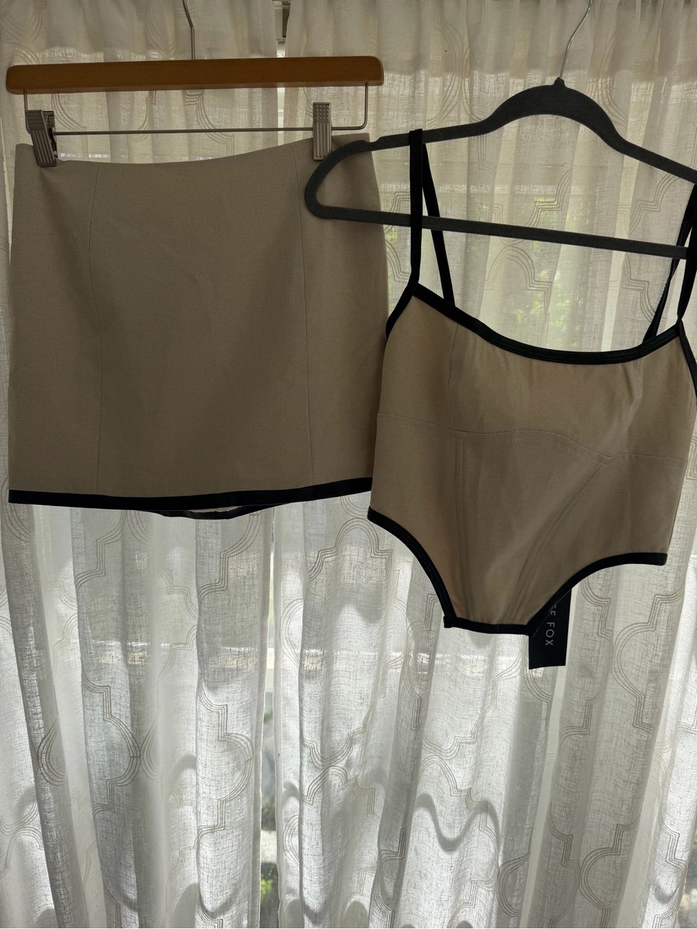 Beige Two-Piece Top & Mini Skirt Set with Black Trim